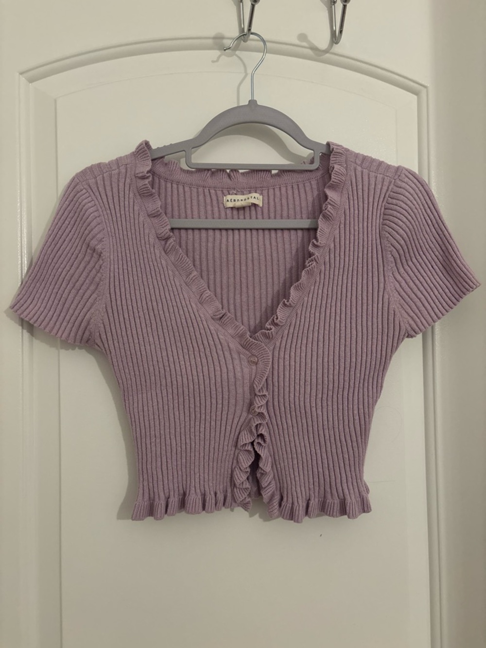Aeropostale Lavender Ribbed Ruffle-Trim Button Crop Top